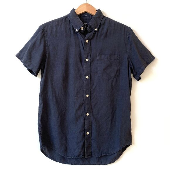 J.Crew Mens Slim Fit 100% Linen Camp Shirt SIze S Navy Short Sleeve Button-Down - Picture 1 of 10